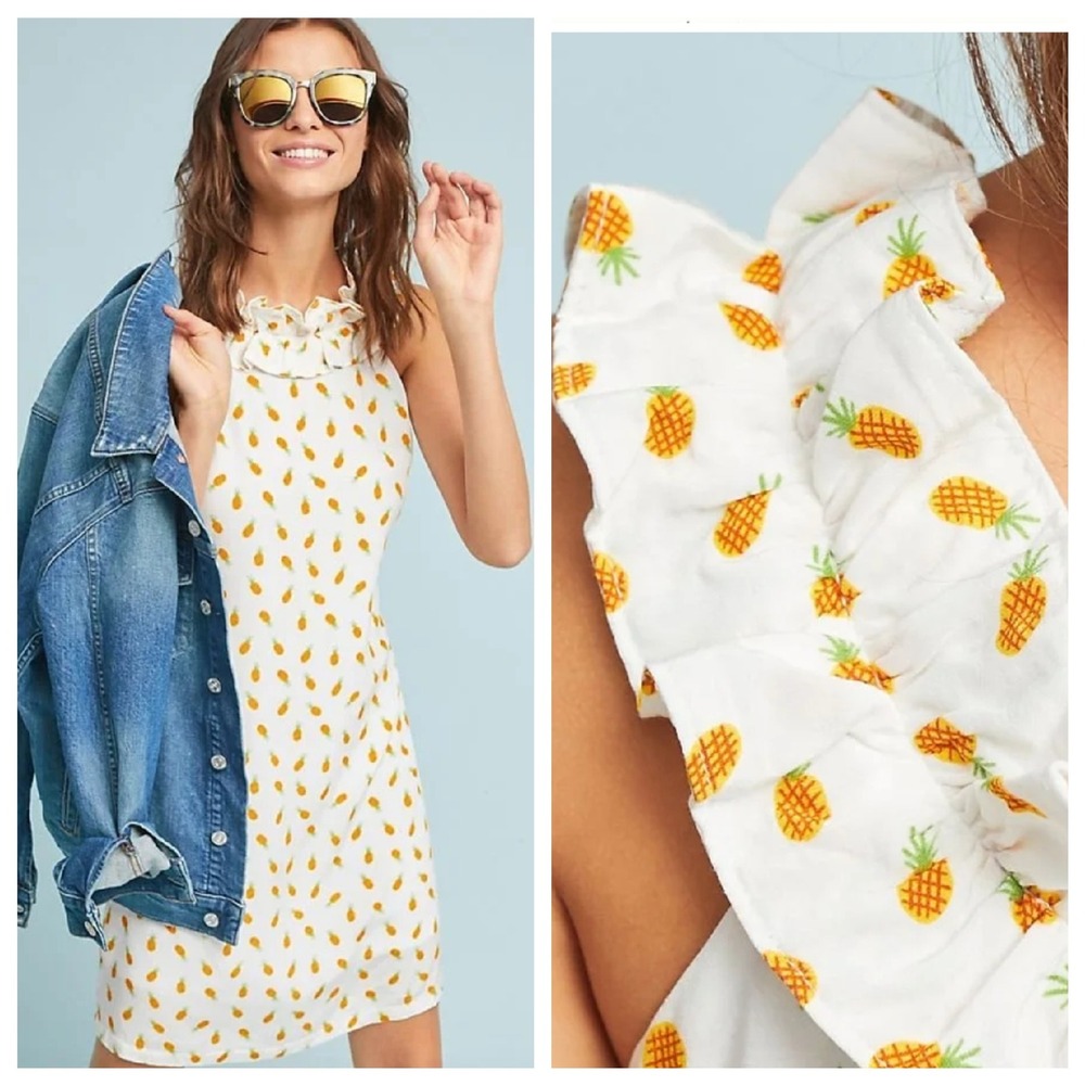Larke Anthropologie Pineapple Print Dress Women XSP White Yellow Ruffle Neck